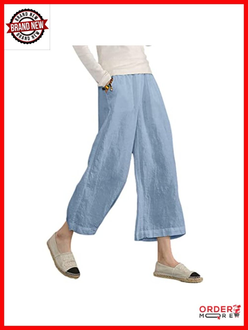 Linen Cotton Cropped Capri Pants High Waist Wide Leg Pull On